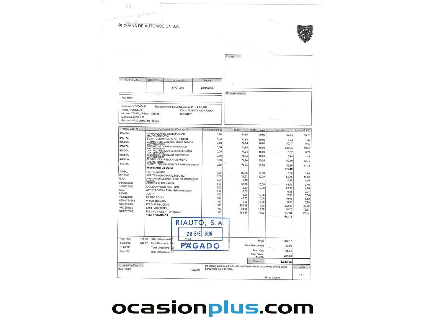 Foto del mantenimiento del Peugeot 2008 Peugeot 2008 PureTech 110 S&S Allure EAT6 (110 CV)
