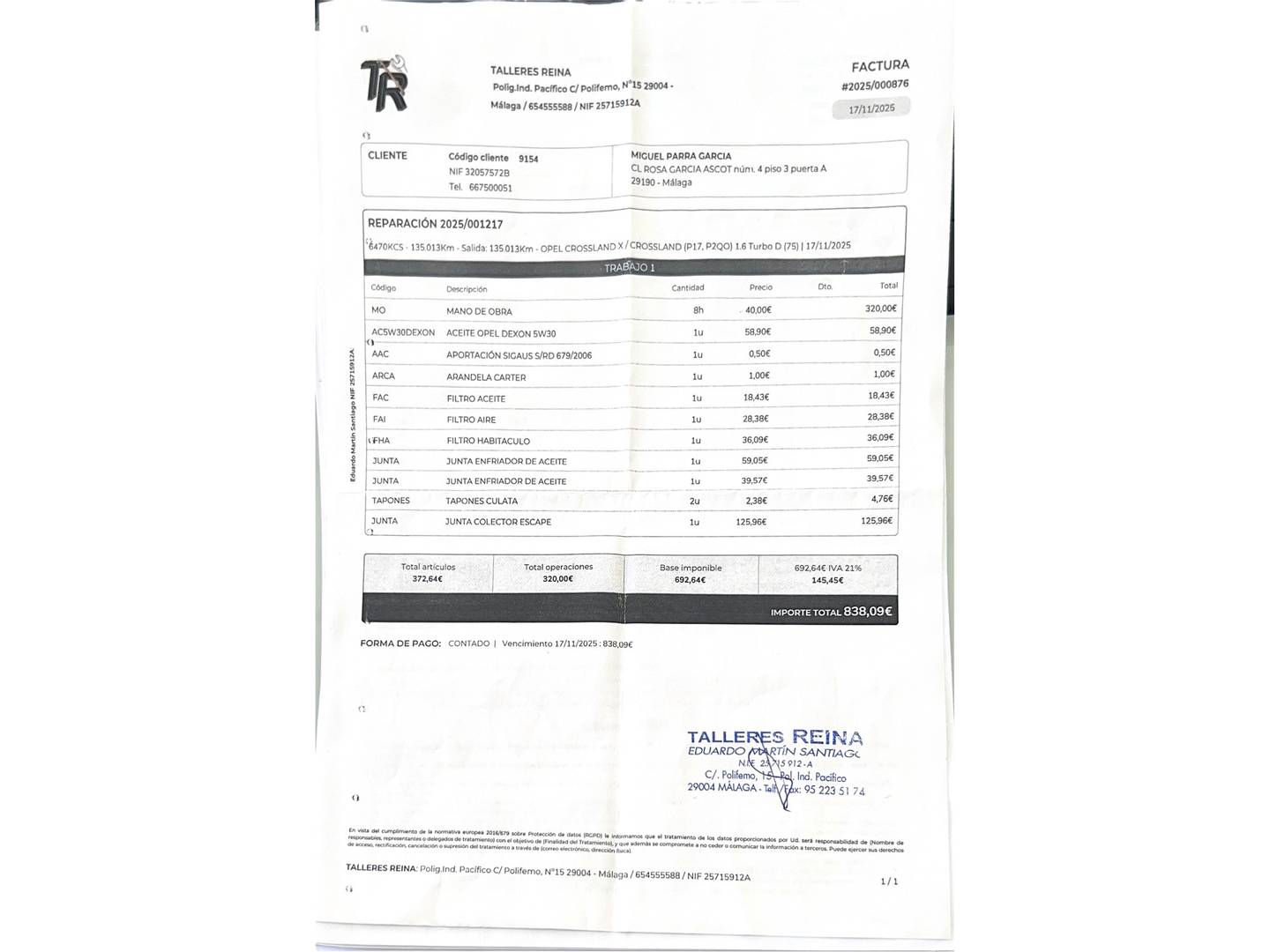 Foto del mantenimiento del Opel Crossland X Opel Crossland X 1.6 Turbo Selective (99 CV)