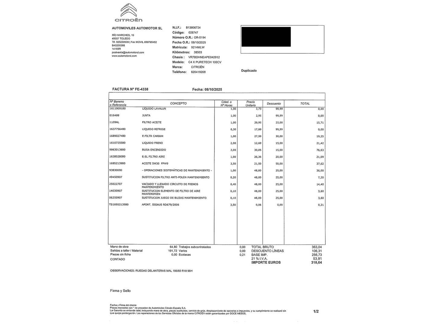 Foto del mantenimiento del Citroën C4 X Citroën C4 X PureTech 100 S&S Feel (102 CV)
