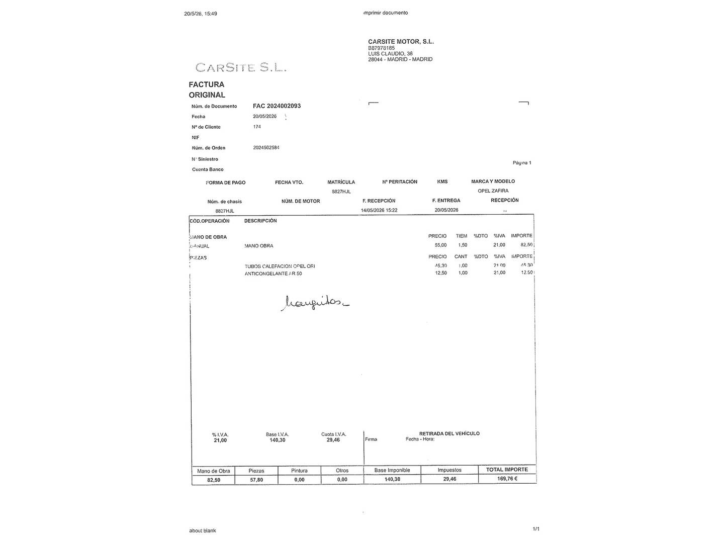 Foto del mantenimiento del Opel Zafira Opel Zafira 1.7 CDTI Enjoy Plus 7 Plazas (125 CV)