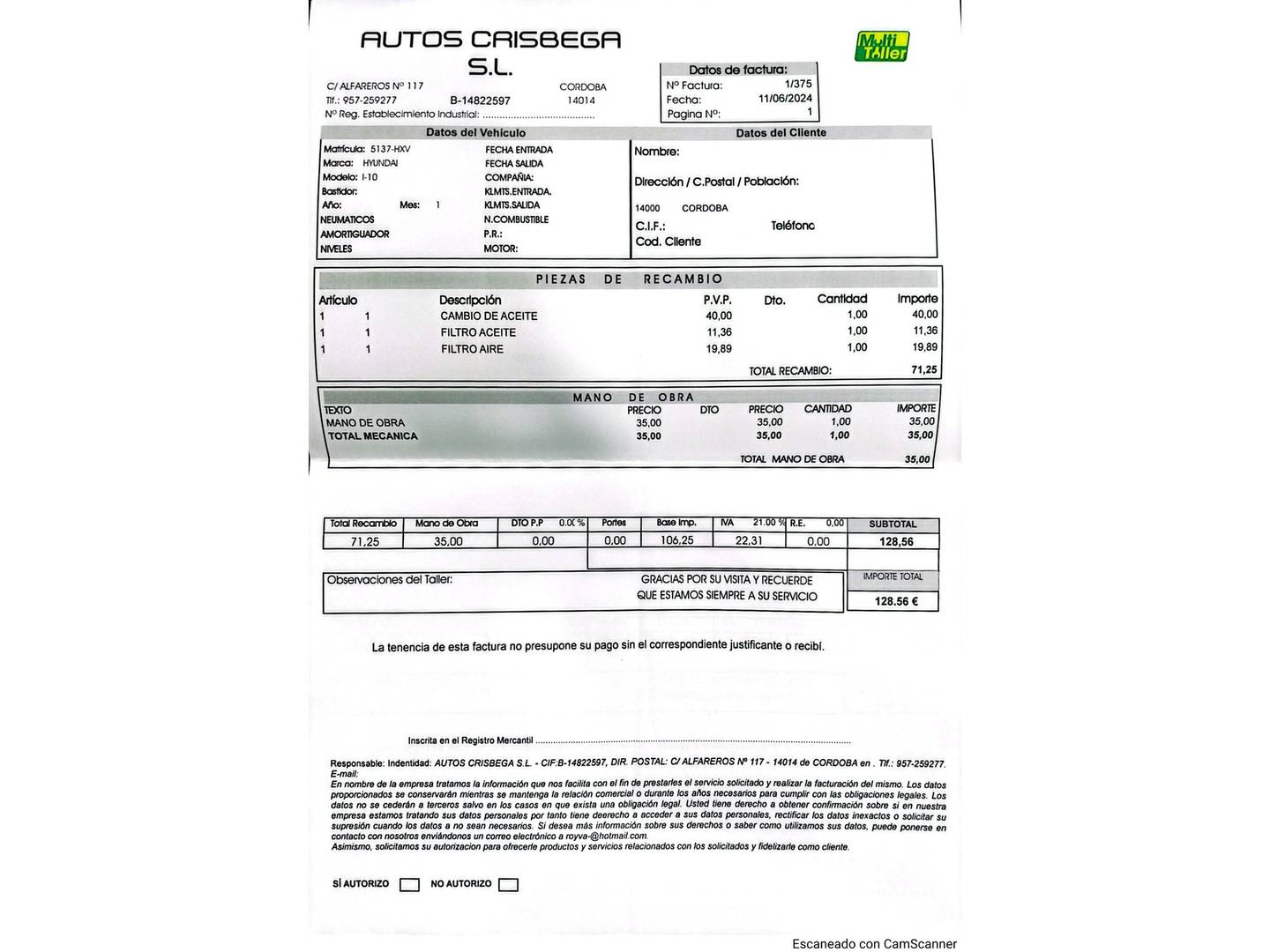 Foto del mantenimiento del Hyundai i10 Hyundai i10 1.0 Tecno Blue (66 CV)