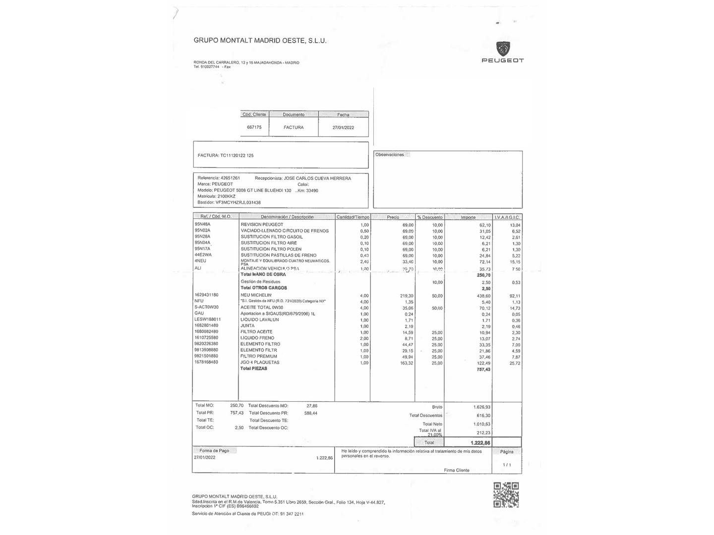 Foto del mantenimiento del Peugeot 5008 Peugeot 5008 BlueHDI 130 S&S GT Line EAT8 (130 CV) 7 Plazas