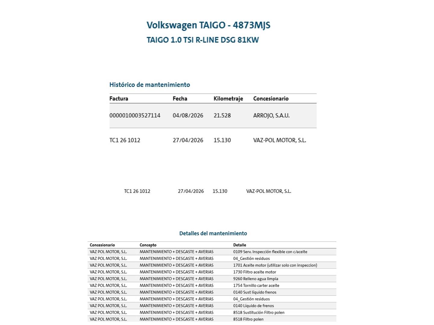 Foto del mantenimiento del Volkswagen Taigo Volkswagen Taigo R-Line 1.0 TSI (110 CV) DSG