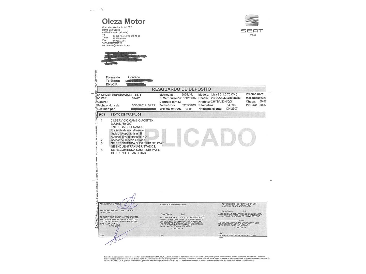 Foto del mantenimiento del Seat Ibiza Seat Ibiza 1.0 Reference (75 CV)