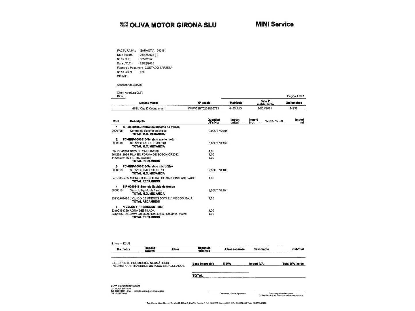 Foto del mantenimiento del Mini Countryman MINI MINI Countryman One D  (116 CV)