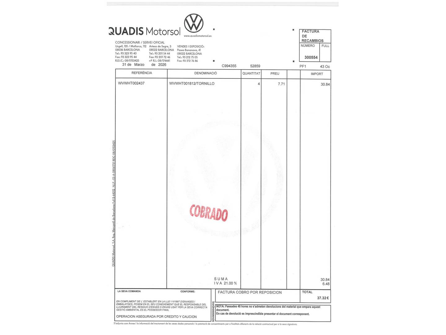 Foto del mantenimiento del Volkswagen Golf Volkswagen Golf Alltrack Alltrack 2.0 TDI BMT 4Motion DSG (184 CV)