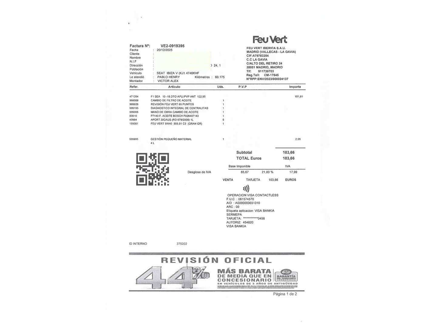 Foto del mantenimiento del Seat Ibiza Seat Ibiza 1.0 EcoTSI Xcellence S&S (95 CV)