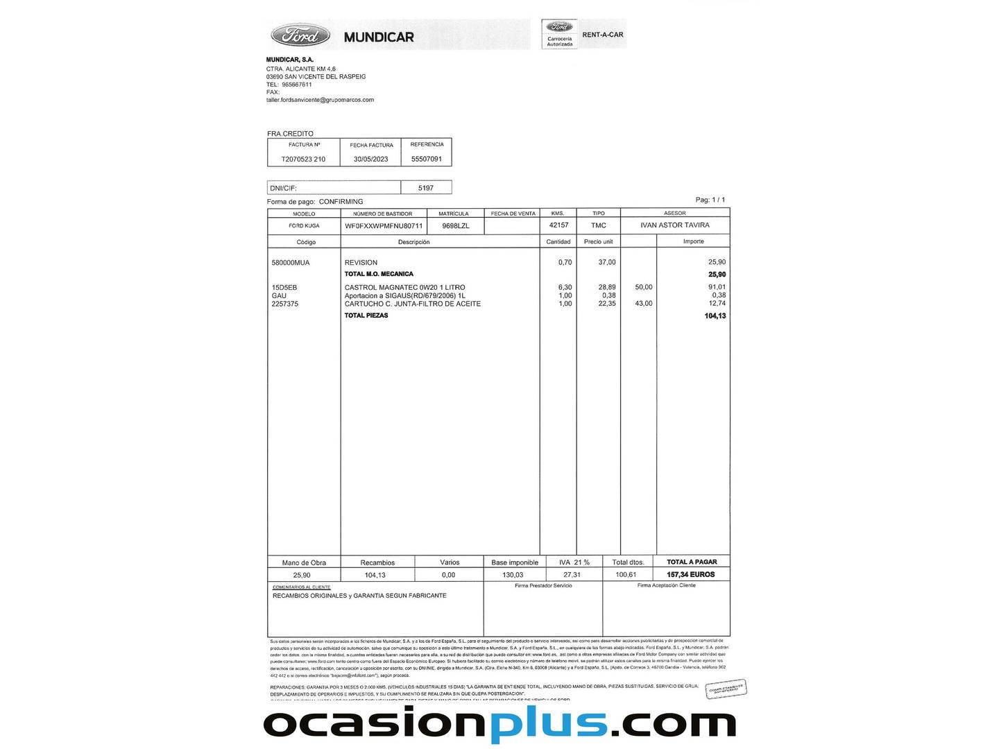Foto del mantenimiento del Ford Kuga Ford Kuga 1.5 EcoBlue ST-Line (120 CV)