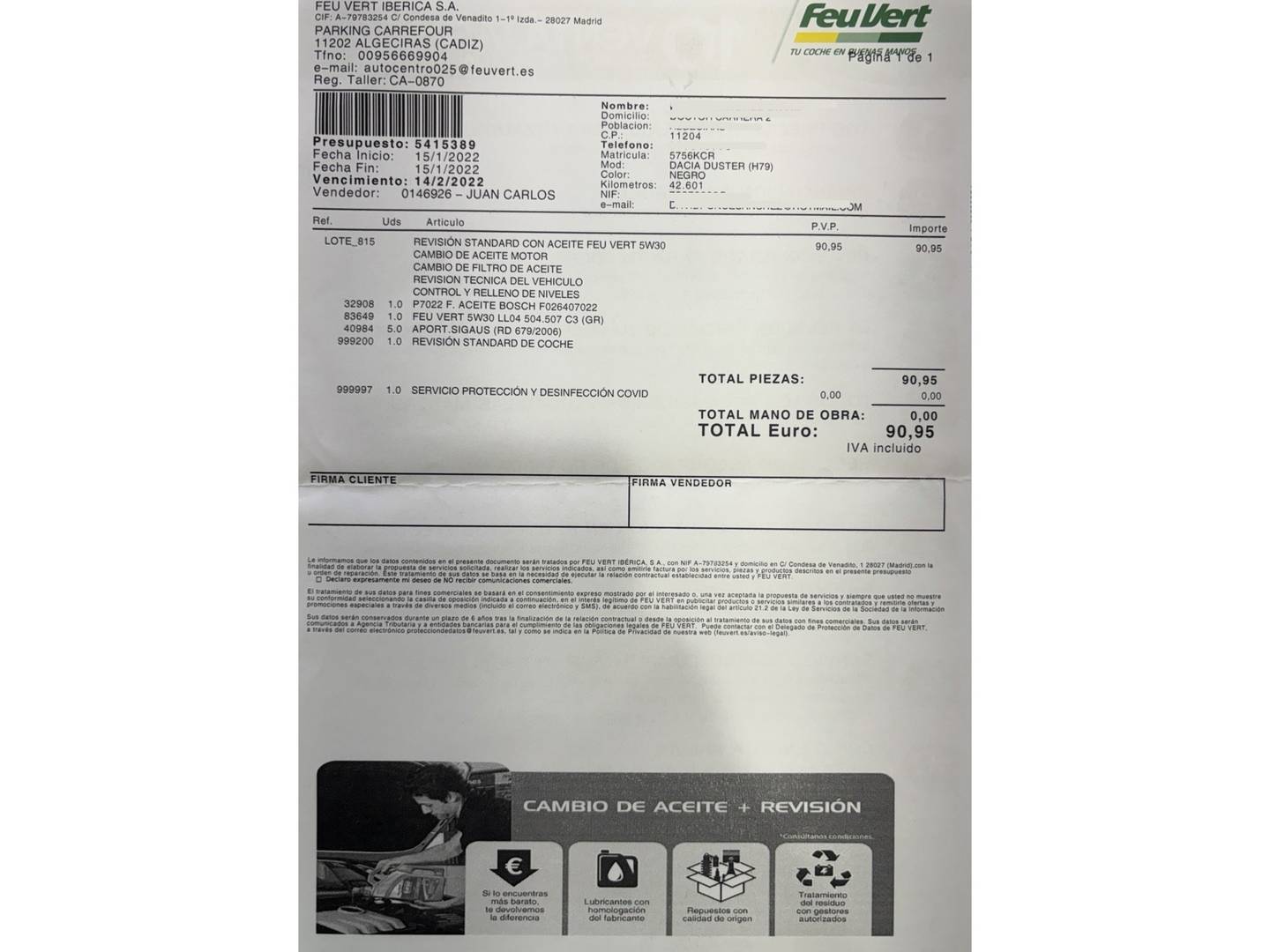 Foto del mantenimiento del Dacia Duster Dacia Duster dCi 110 SL Blackshadow 4x2 (109 CV)