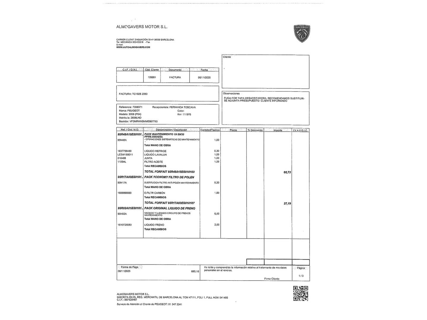 Foto del mantenimiento del Peugeot 3008 Peugeot 3008 130 S&S Active 96 kW (130 CV)