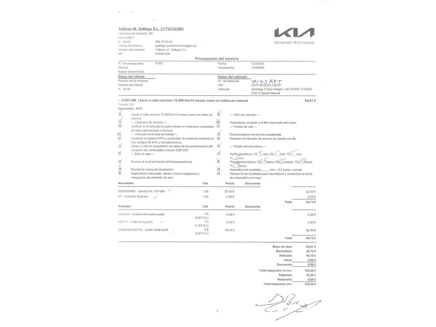 Foto del mantenimiento del KIA Sportage KIA Sportage 1.6 T-GDi MHEV Tech 4x2 (150 CV)