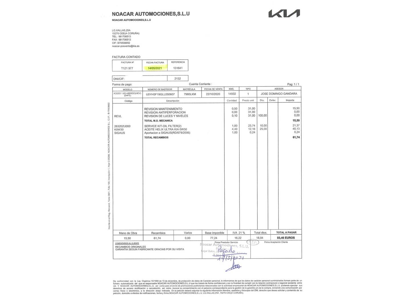 Foto del mantenimiento del KIA XCeed KIA XCeed 1.6 MHEV Emotion DCT (136 CV)