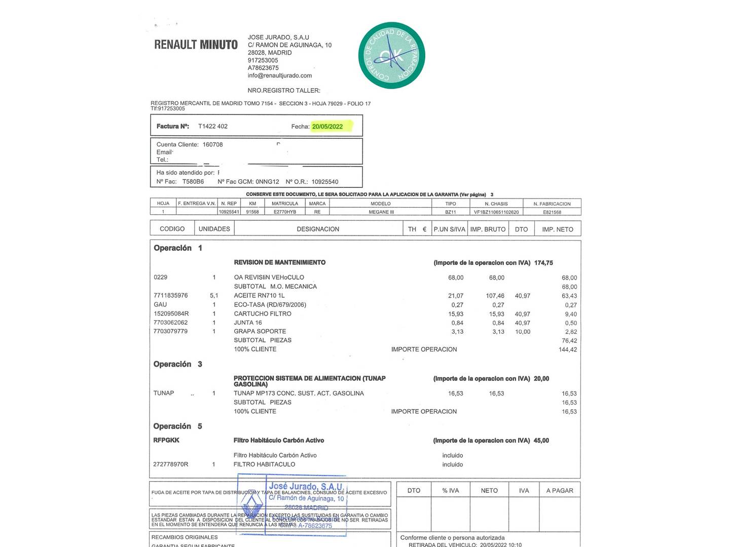 Foto del mantenimiento del Renault Mégane Renault Megane Limited Energy S&S TCe (115 CV)