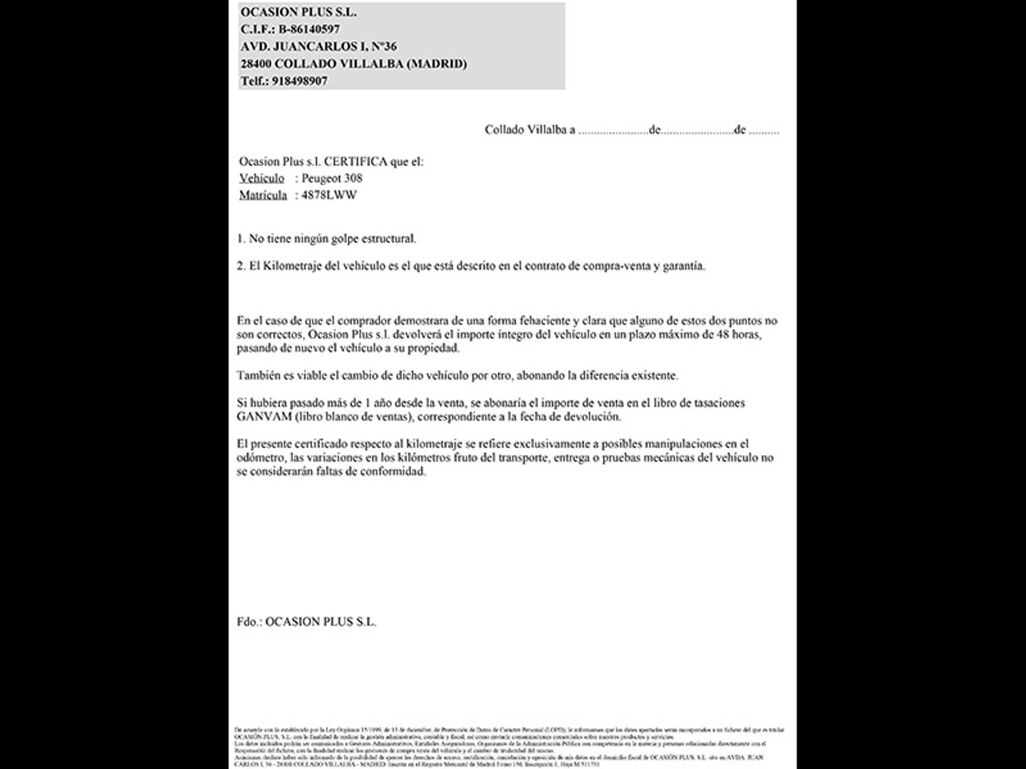 Foto del certificado del Peugeot 308 Peugeot 308 PureTech 130 S&S Allure (130 CV)