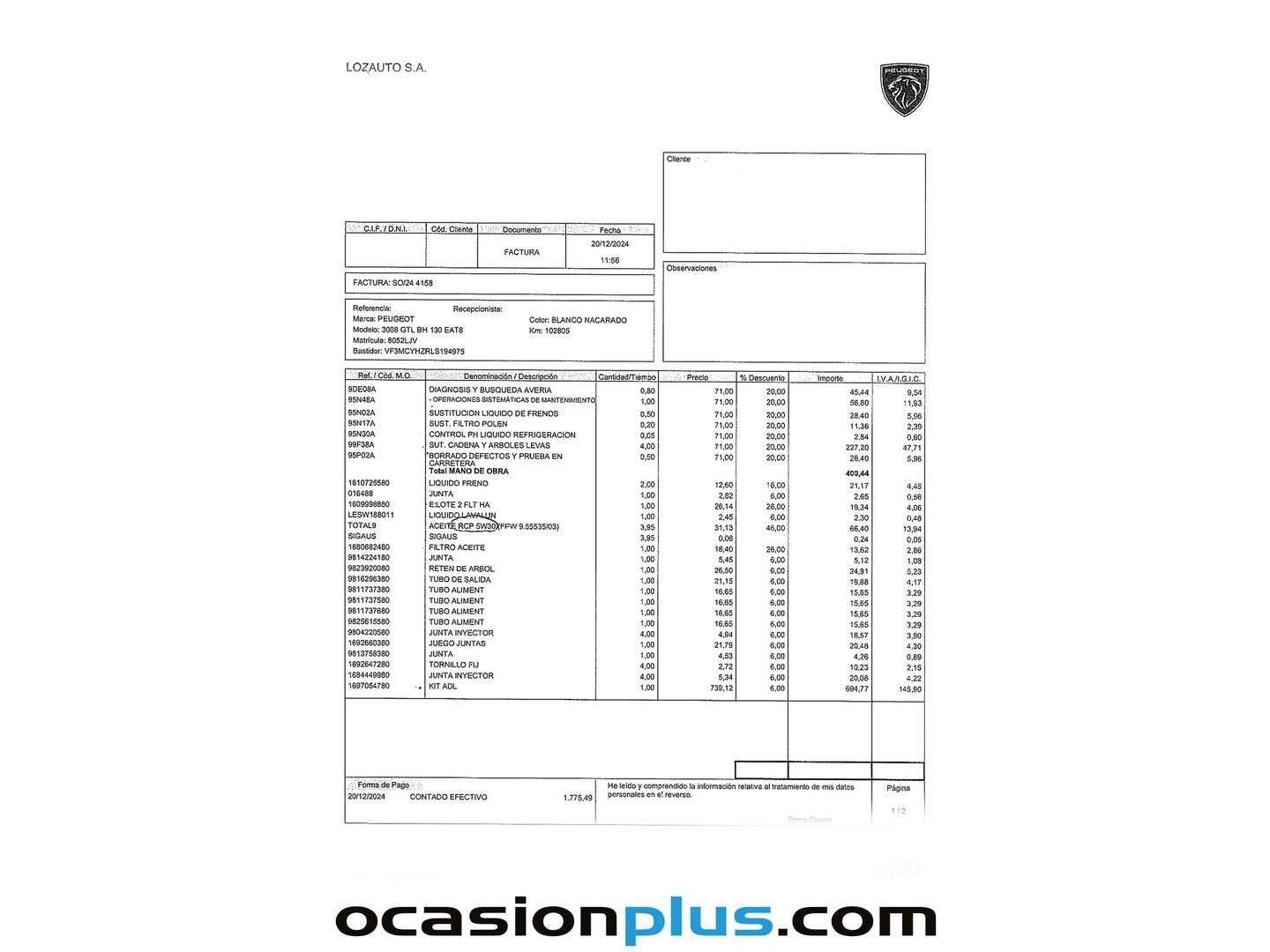 Foto del mantenimiento del Peugeot 3008 Peugeot 3008 BlueHDI 130 S&S GT Line EAT8 (130 CV)
