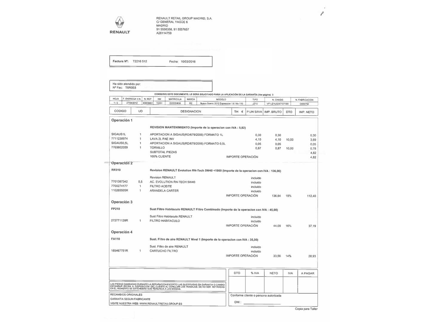 Foto del mantenimiento del Renault Scénic Renault Scenic Expression 1.6 (110 CV)