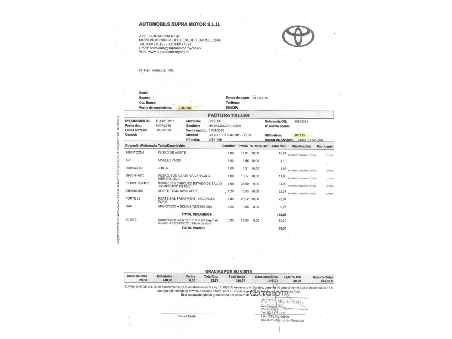 Foto del mantenimiento del Toyota C-HR Toyota C-HR 1.8 125H Advance (122 CV)