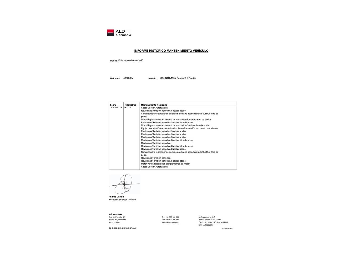 Foto del mantenimiento del Mini Countryman MINI MINI Countryman Cooper D  (150 CV)