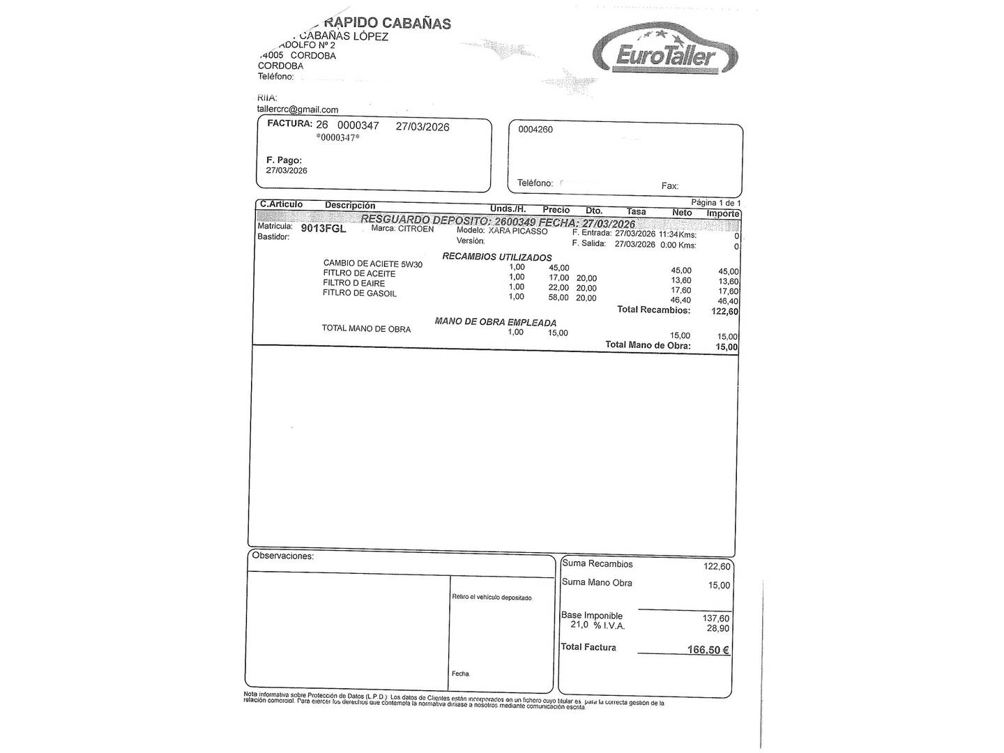 Foto del mantenimiento del Citroën Xsara Picasso Citroën Xsara Picasso 1.6 HDI X (92 CV)