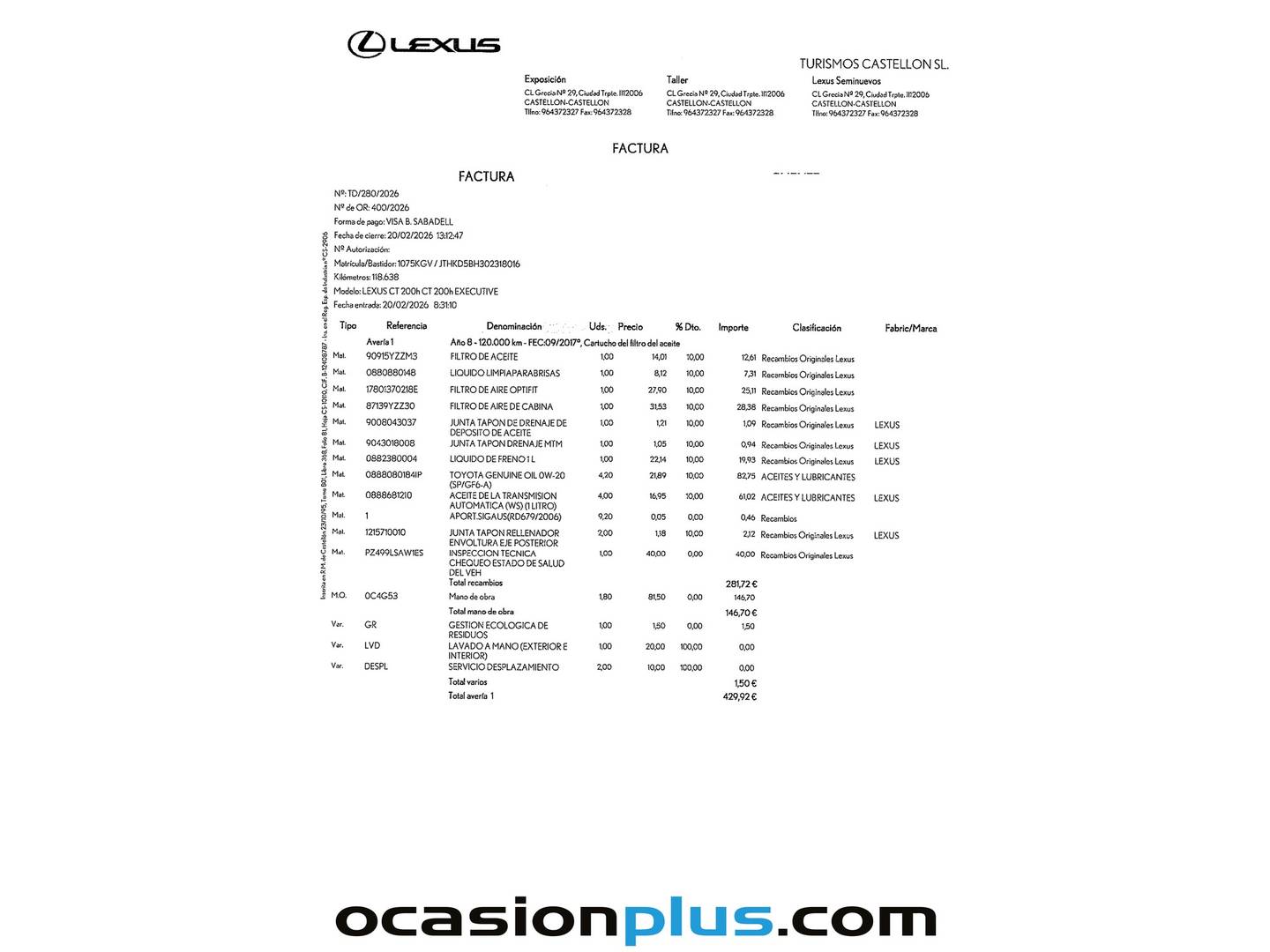 Foto del mantenimiento del Lexus CT Lexus CT 200h Executive (136 CV)