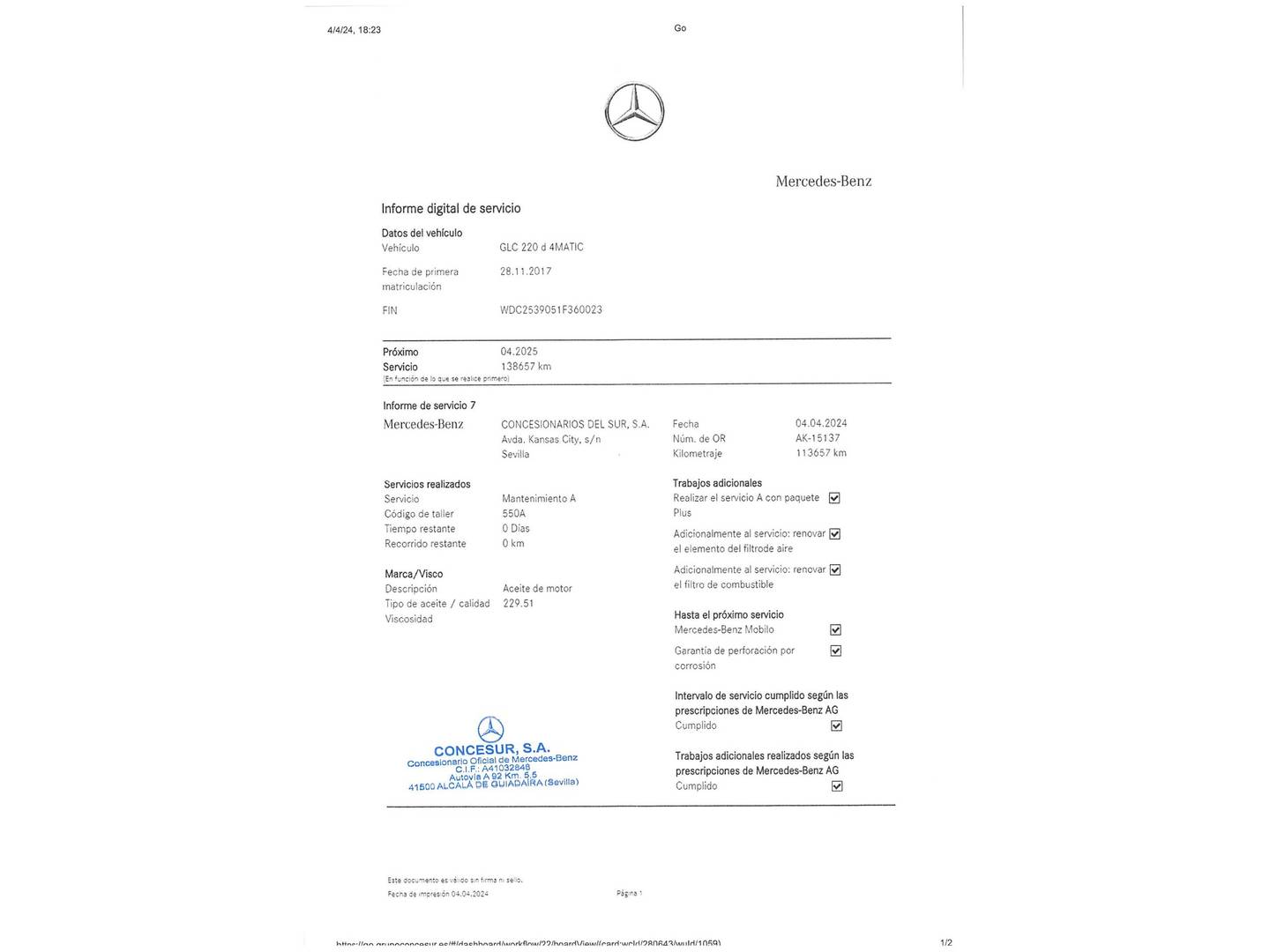 Foto del mantenimiento del Mercedes Clase GLC Mercedes GLC GLC 220 d 4Matic (170 CV)