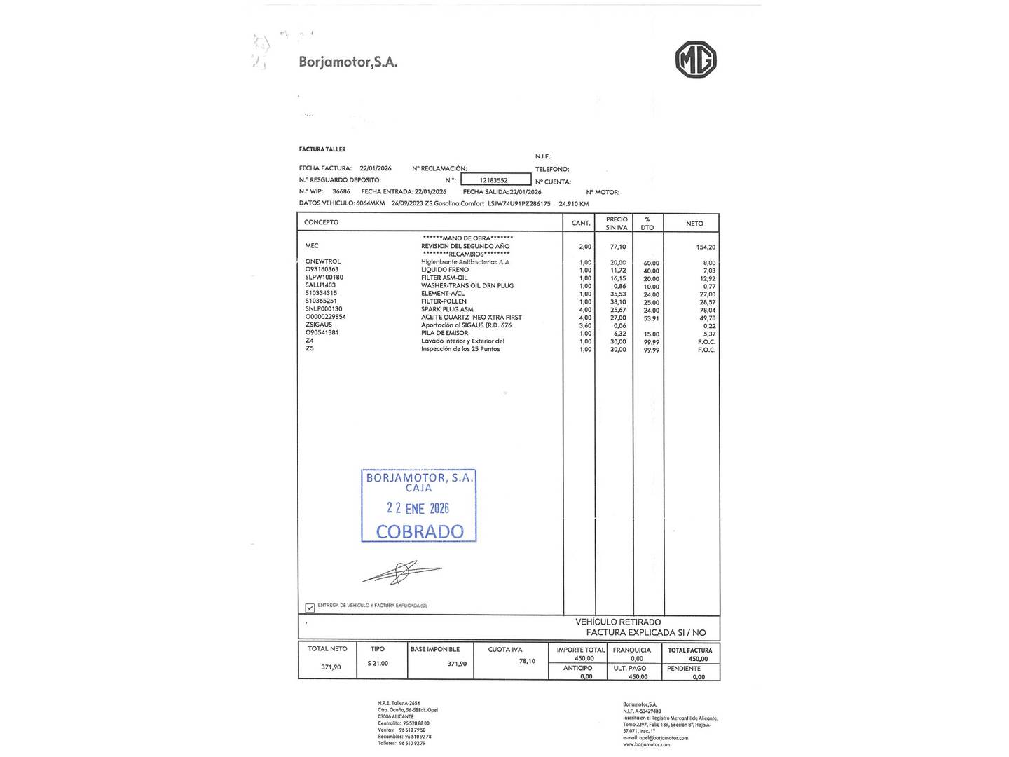 Foto del mantenimiento del MG ZS MG ZS 1.5 Comfort (106 CV)