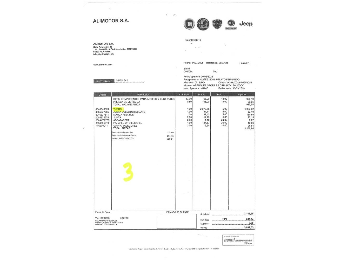 Foto del mantenimiento del Jeep Wrangler Jeep Wrangler 2.2 CRD Sport 8ATX (200 CV)