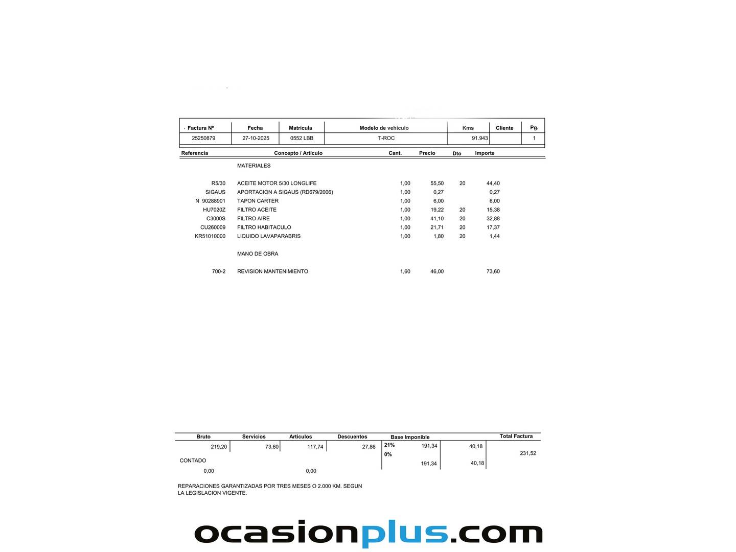 Foto del mantenimiento del Volkswagen T-Roc Volkswagen T-Roc Edition 1.6 TDI (115 CV)