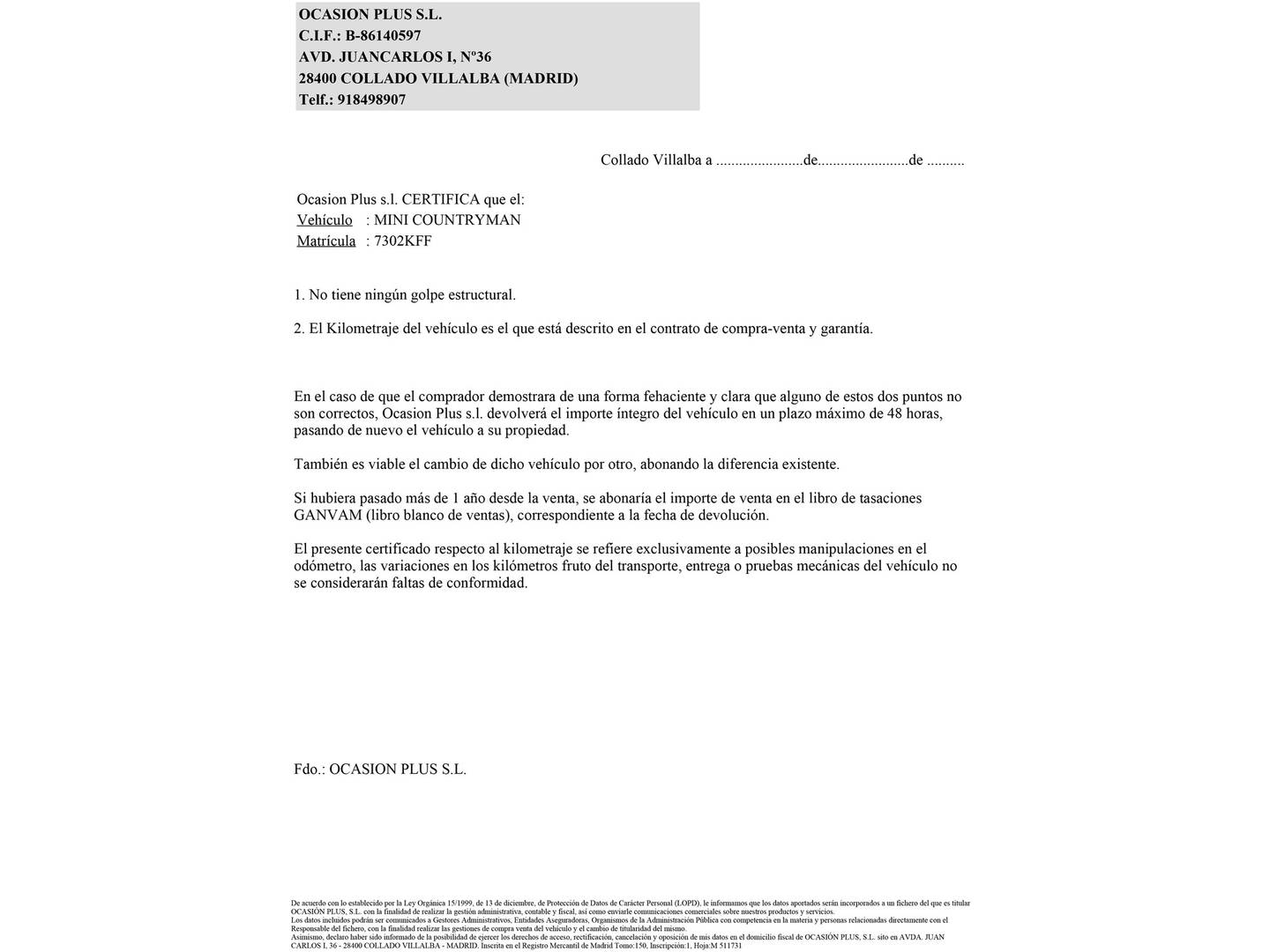 Foto del certificado del Mini Countryman Mini MINI Countryman Cooper (136 CV)