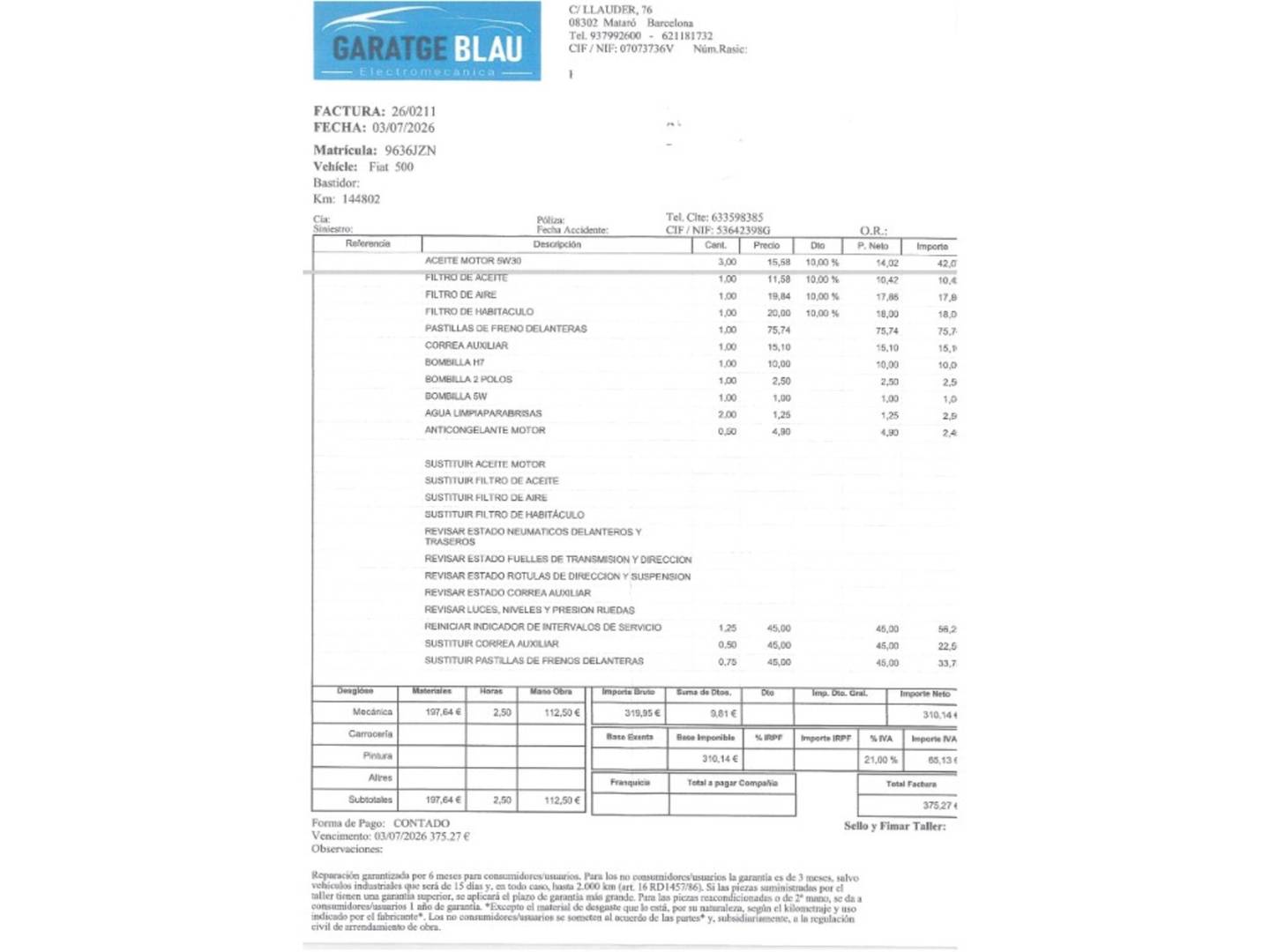 Foto del mantenimiento del Fiat 500C Fiat 500C 1.2 8v Cabrio Lounge (69 CV)