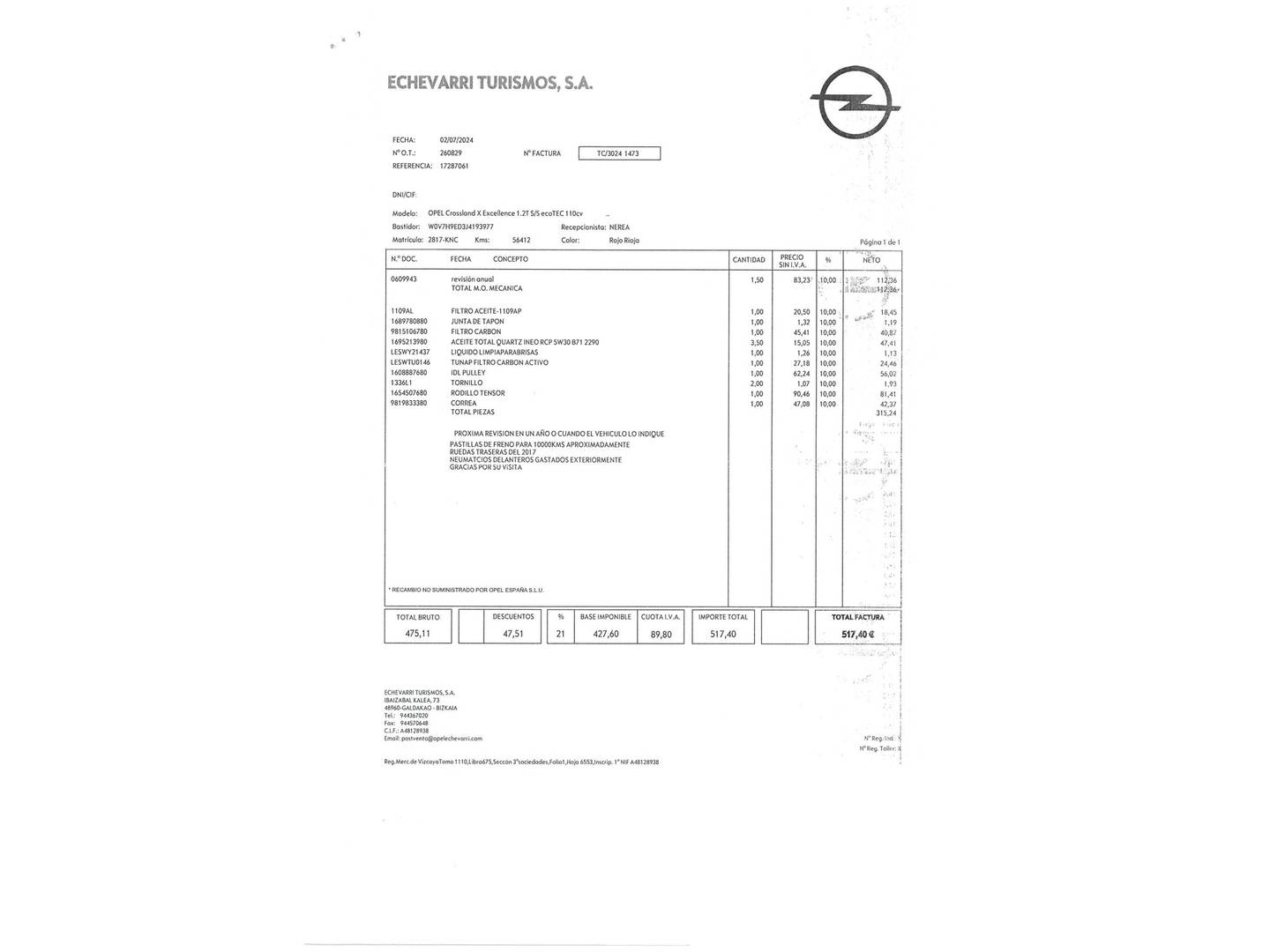 Foto del mantenimiento del Opel Crossland X Opel Crossland X 1.2 Turbo S&S ecoTEC Excellence (110 CV)