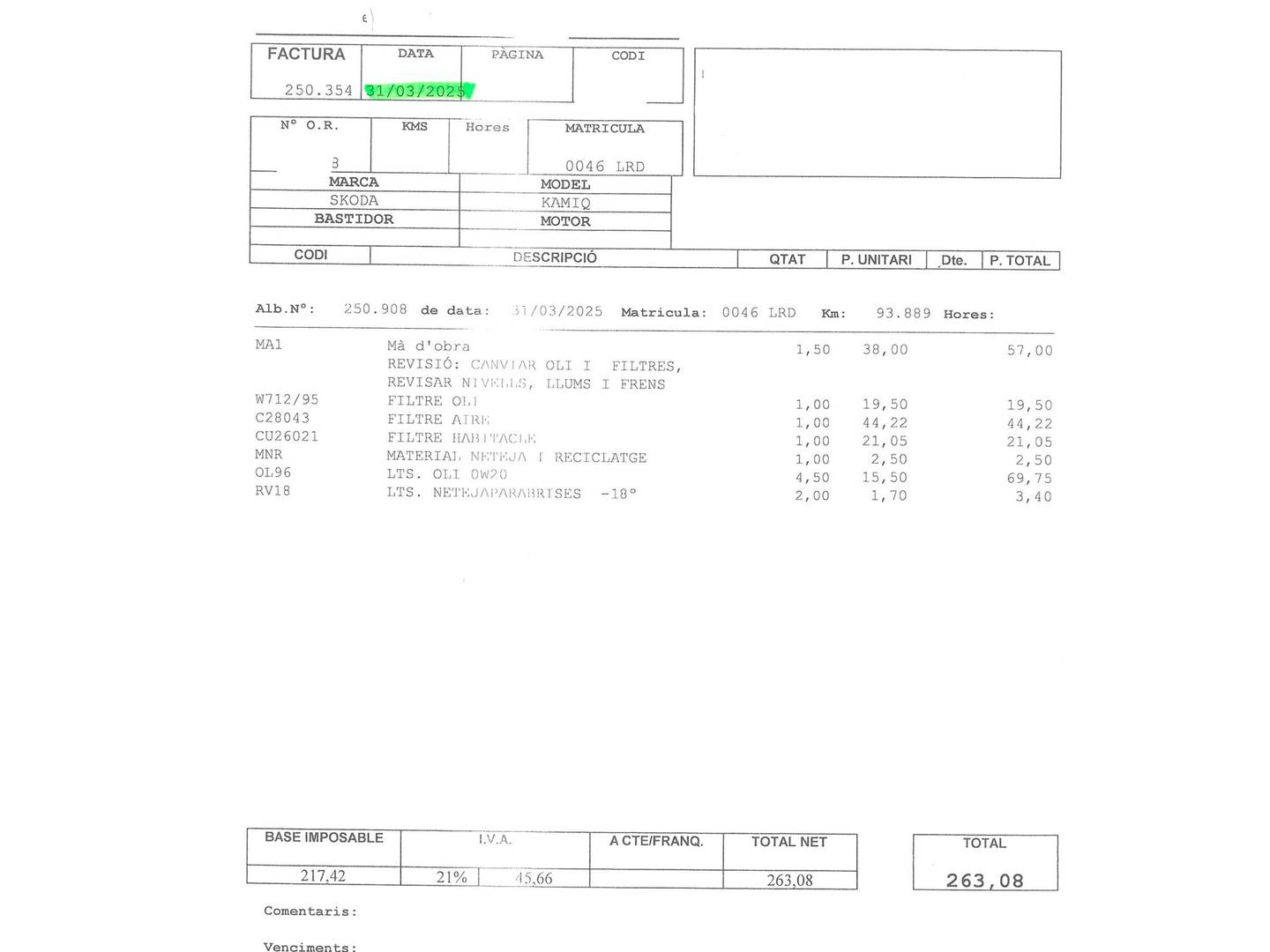 Foto del mantenimiento del Skoda Kamiq Skoda Kamiq 1.5 TSI Sport DSG (150 CV)
