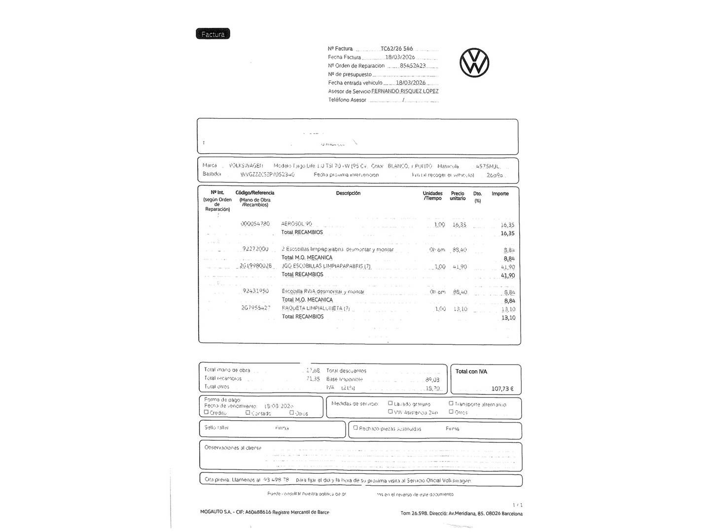 Foto del mantenimiento del Volkswagen Taigo Volkswagen Taigo Life 1.0 TSI (95 CV)