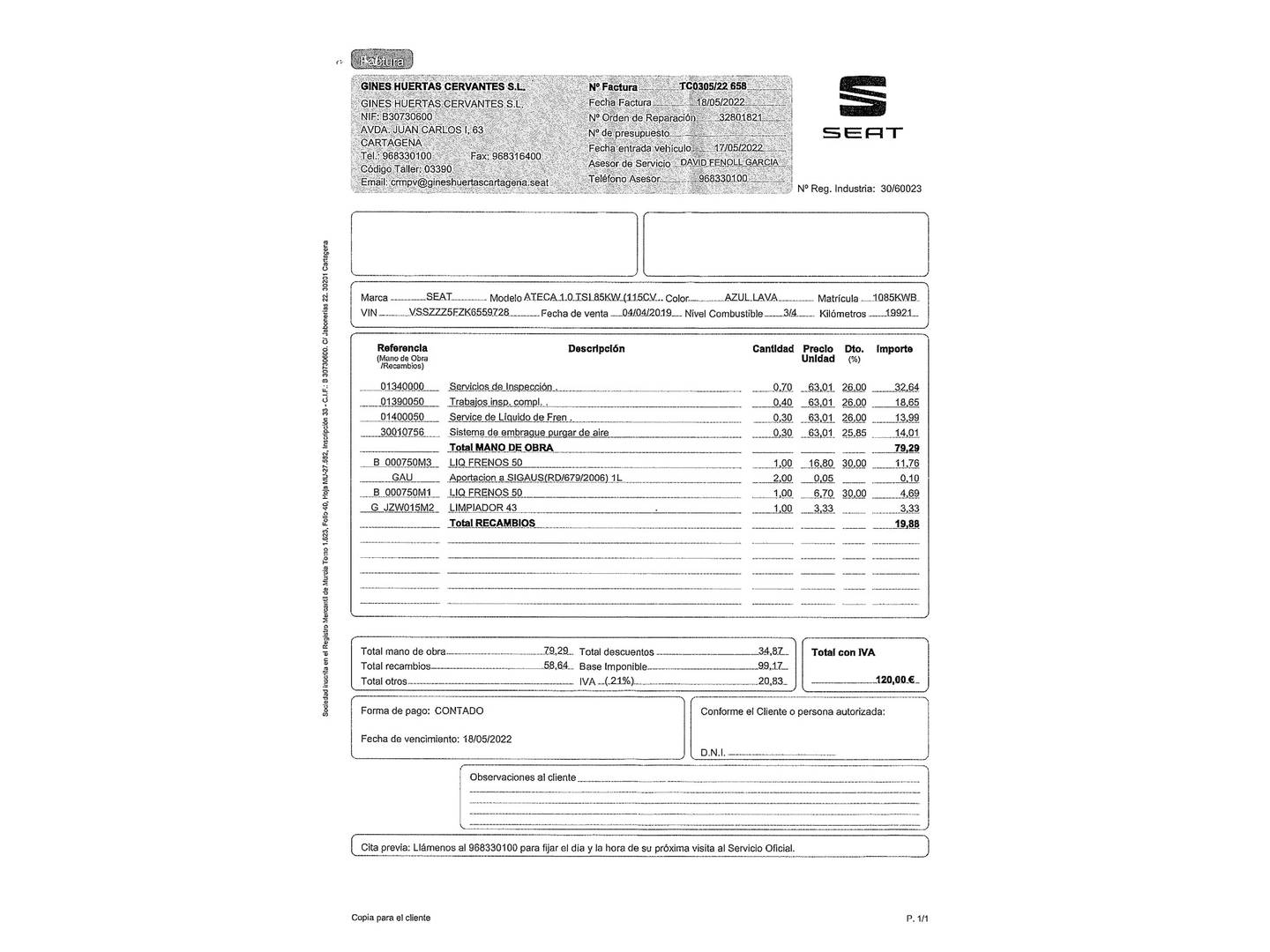 Foto del mantenimiento del Seat Ateca Seat Ateca 1.0 TSI S&S Ecomotive Style (115 CV)