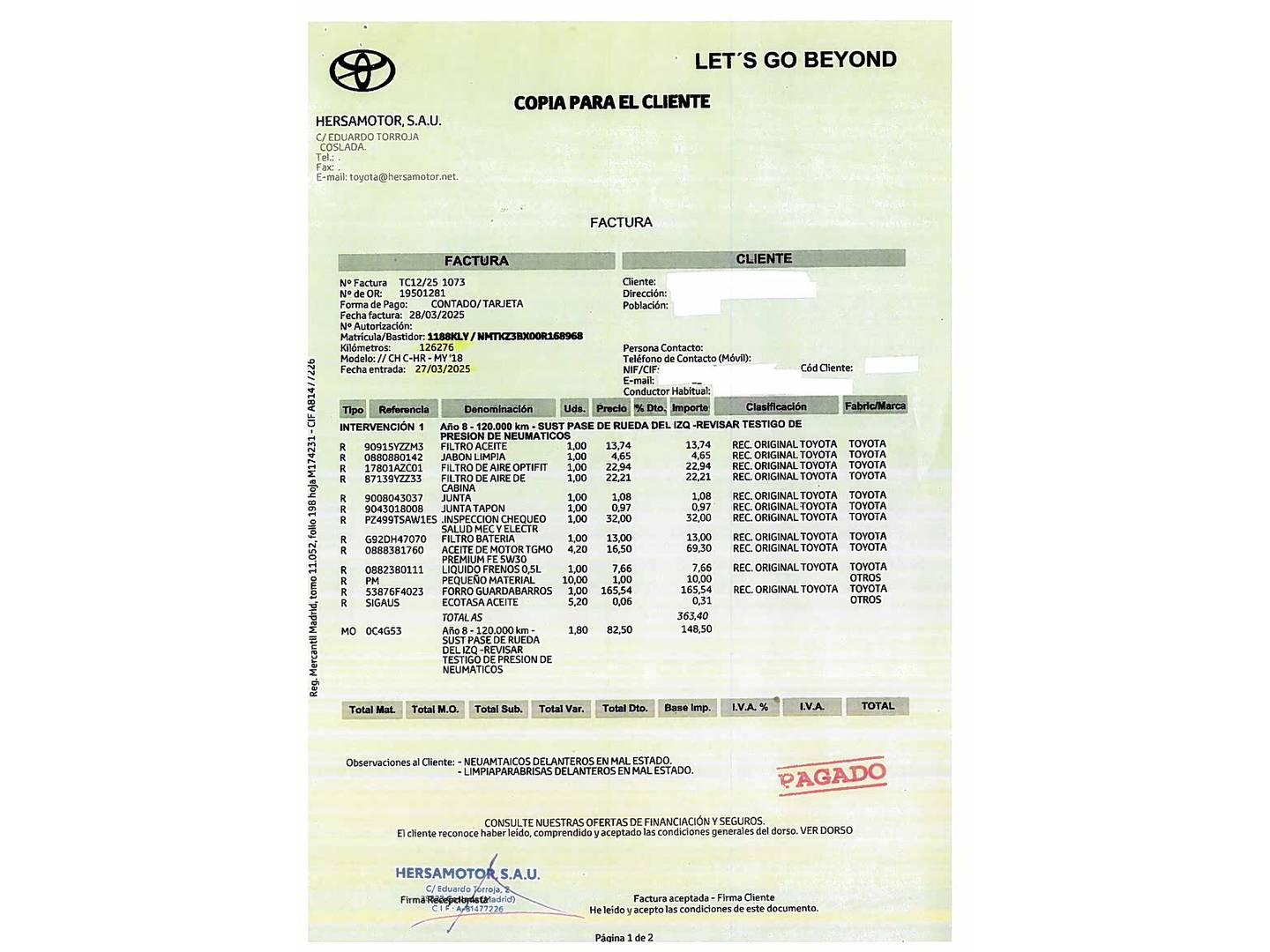 Foto del mantenimiento del Toyota C-HR Toyota C-HR 1.8 125H Advance (122 CV)