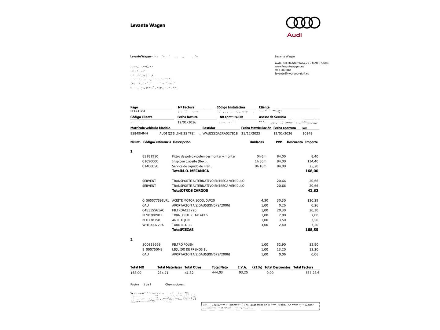 Foto del mantenimiento del Audi Q2 Audi Q2 Black line 35 TFSI (150 CV) S tronic
