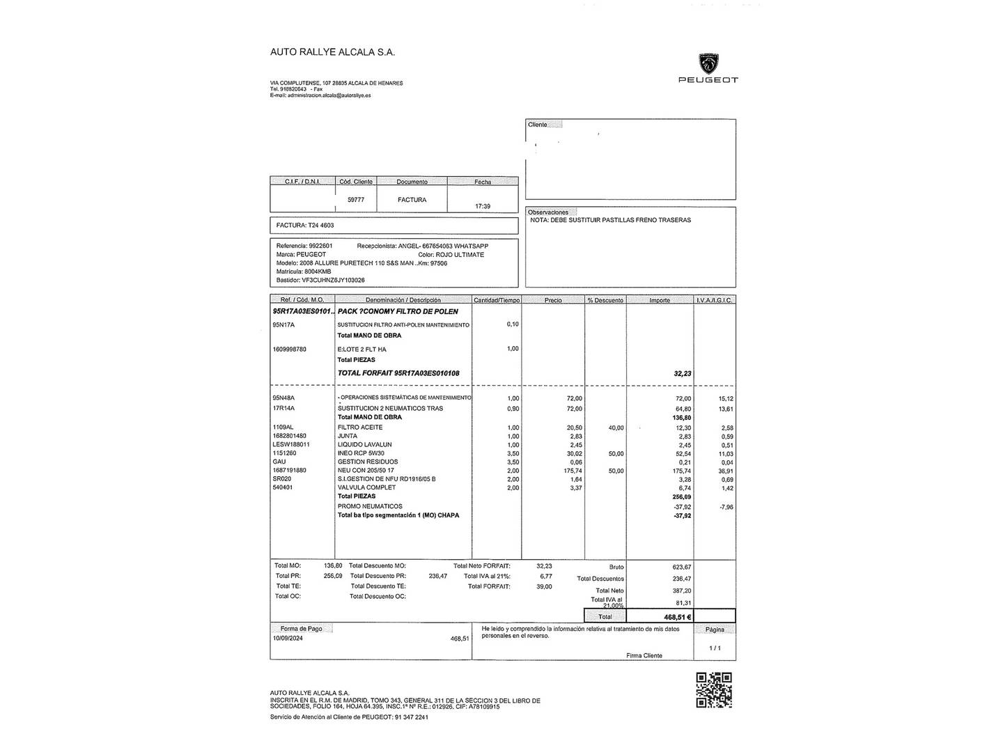 Foto del mantenimiento del Peugeot 2008 Peugeot 2008 PureTech 110 S&S Allure (110 CV)