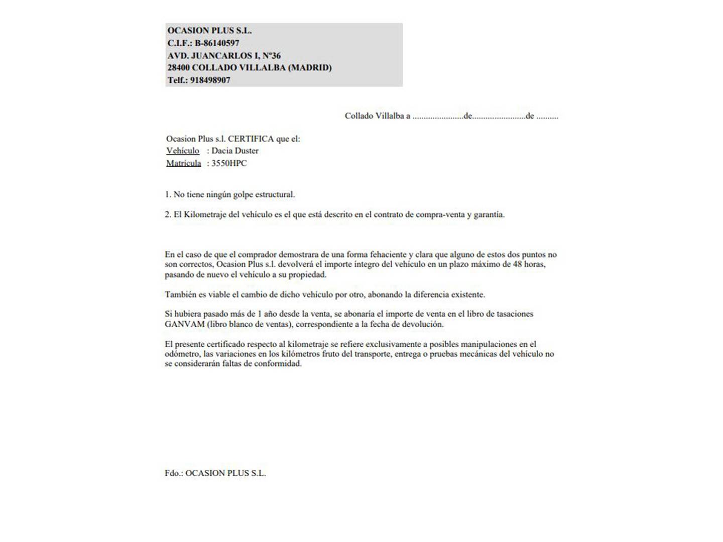 Foto del certificado del Dacia Duster Dacia Duster Laureate dCi (107 CV)