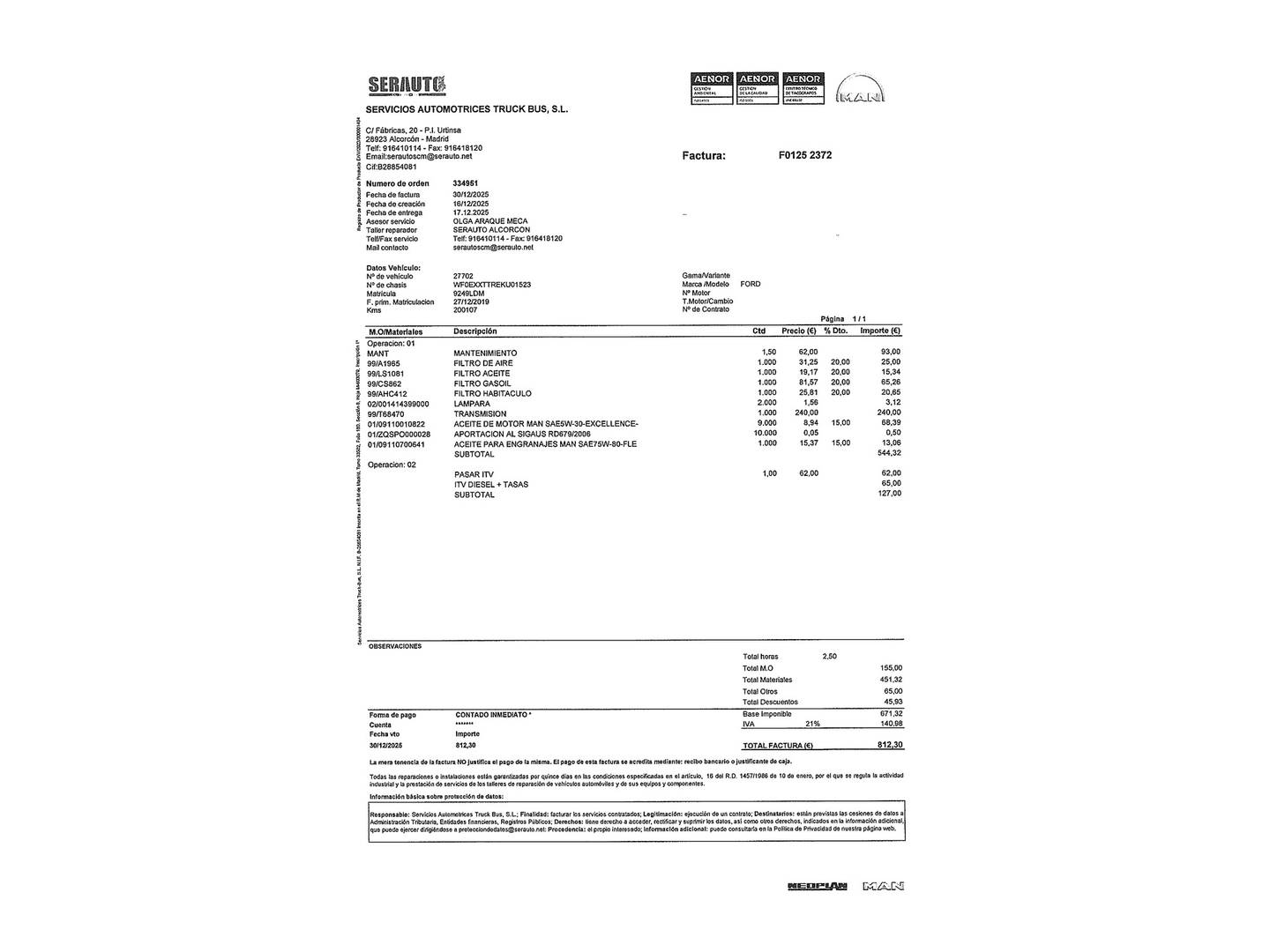 Foto del mantenimiento del Ford Transit Ford Transit Furgon 350 MHEV L3H2 Trend Delantera (130 CV)