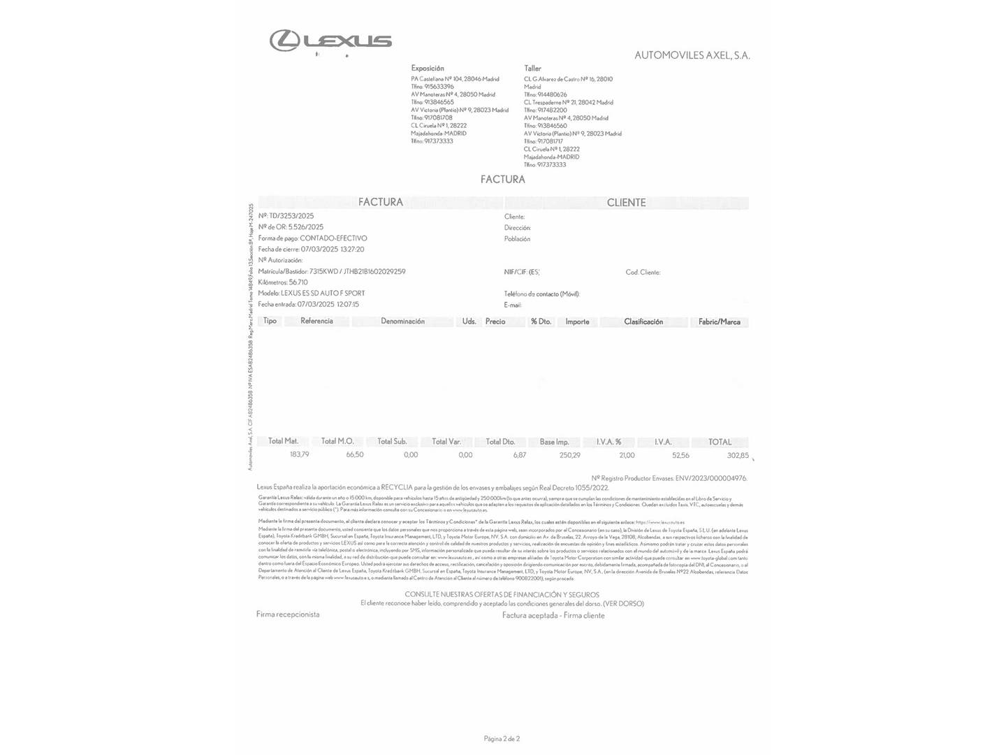 Foto del mantenimiento del Lexus ES Lexus ES 300h F Sport (218 CV)