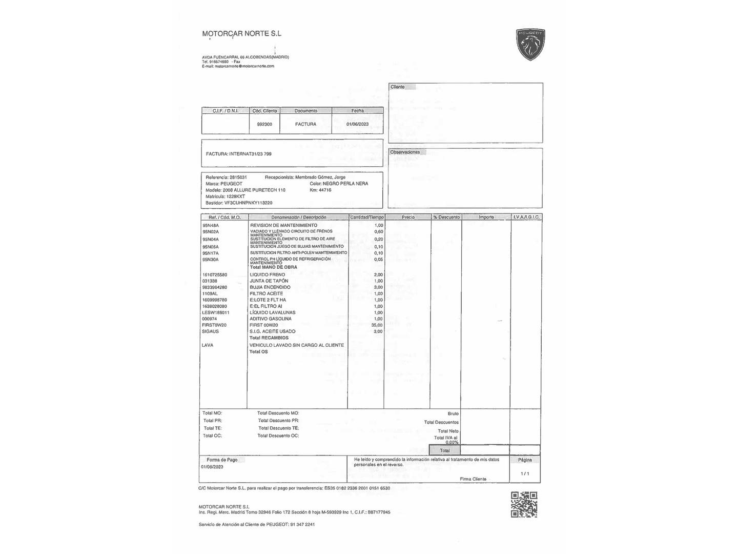 Foto del mantenimiento del Peugeot 2008 Peugeot 2008 PureTech 110 Allure EAT6 (110 CV)