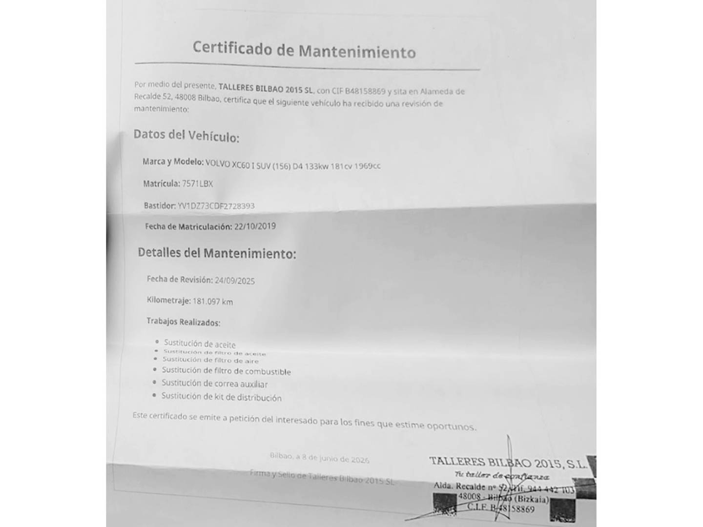 Foto del mantenimiento del Volvo XC60 Volvo XC60 D4 Momentum Auto (181 CV)