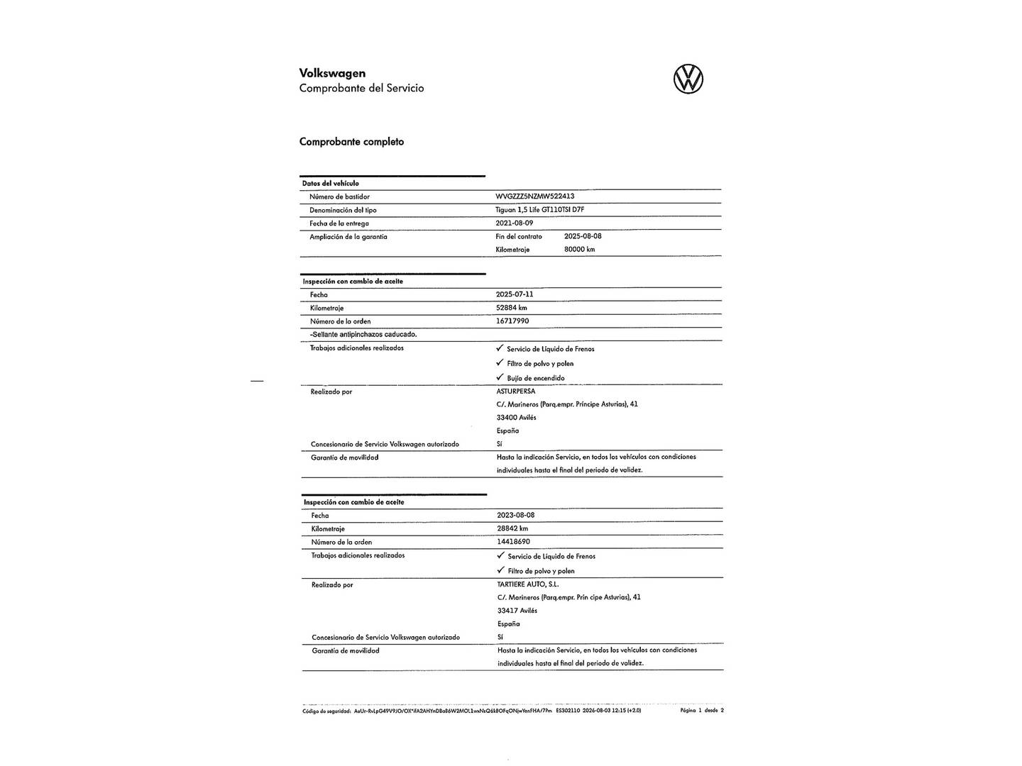 Foto del mantenimiento del Volkswagen Tiguan Volkswagen Tiguan Life 1.5 TSI (150 CV) DSG