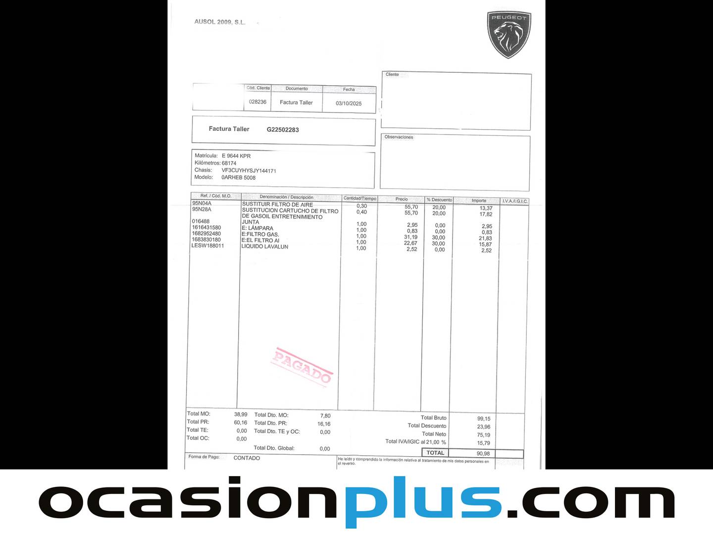 Foto del mantenimiento del Peugeot 2008 Peugeot 2008 BlueHDi 100 S&S Style (100 CV)