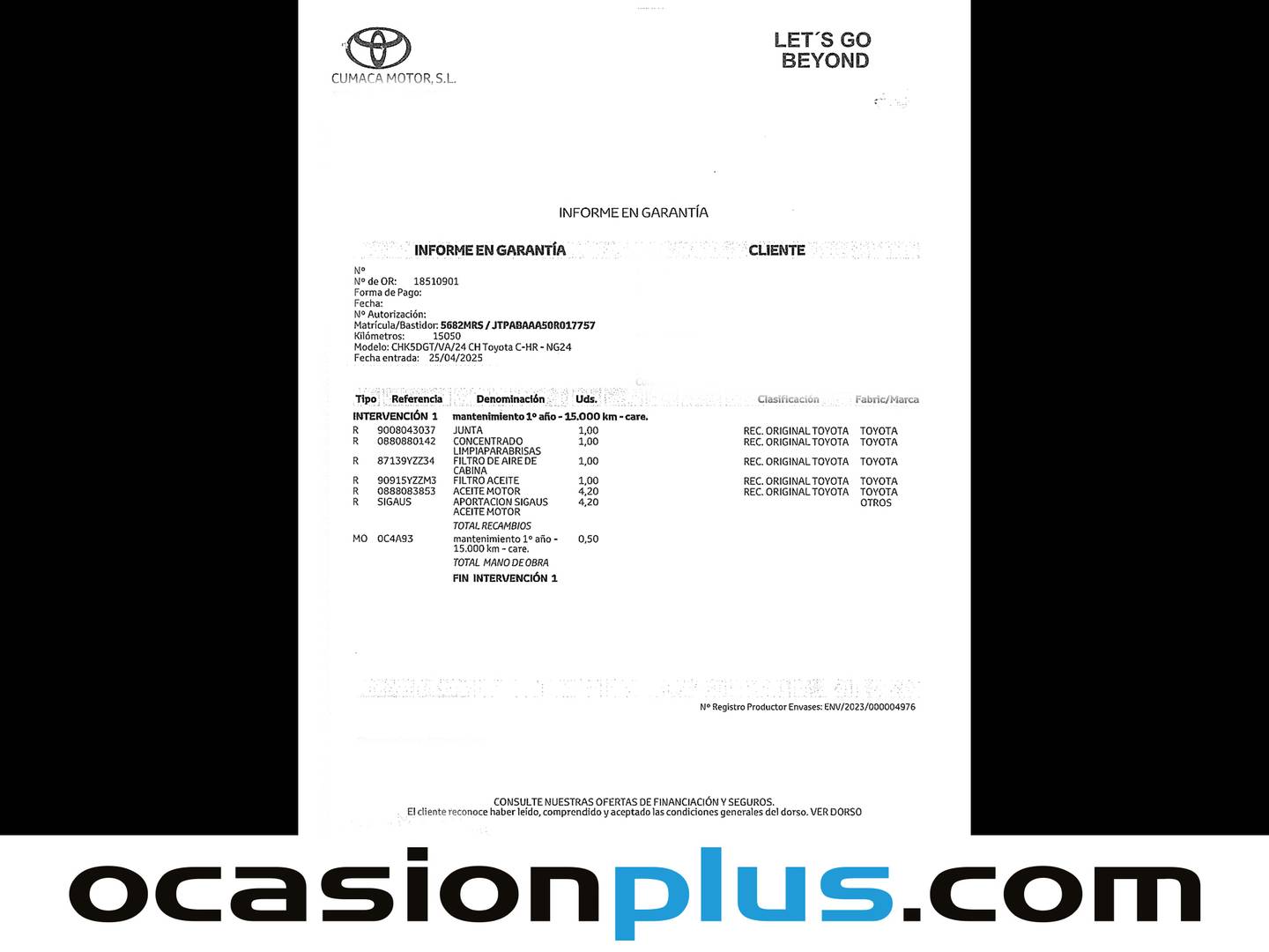 Foto del mantenimiento del Toyota C-HR Toyota C-HR 200H GR Sport (196 CV)