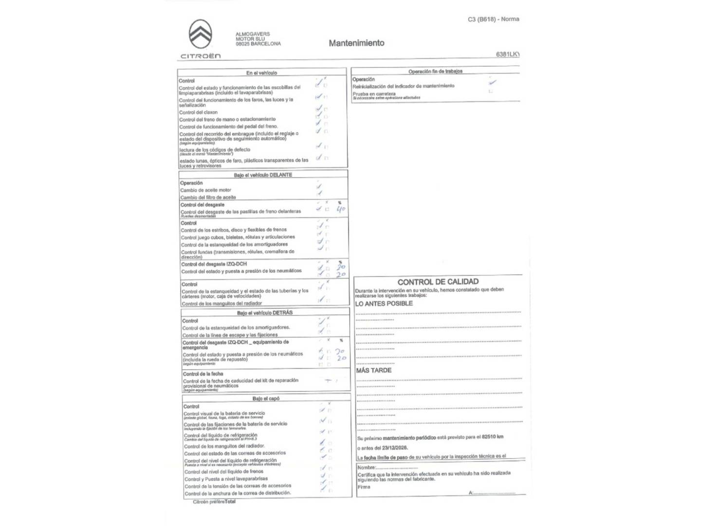 Foto del mantenimiento del Citroën C3 Citroën C3 PureTech 82 C-Series (83 CV)