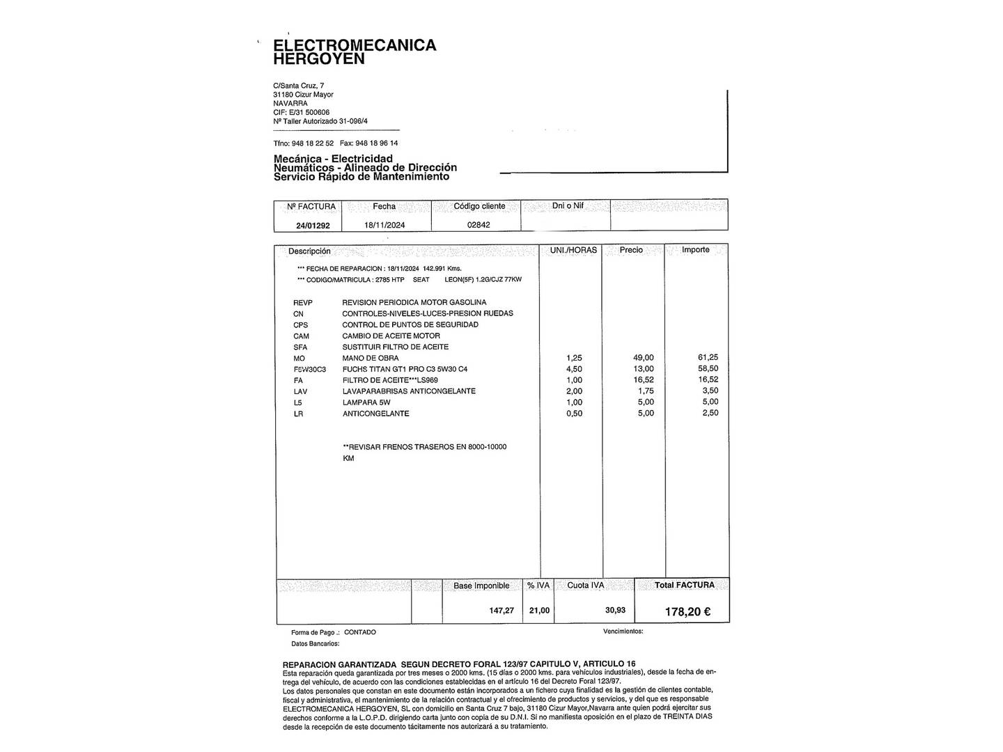 Foto del mantenimiento del Seat León SEAT León 1.2 TSI S&S Reference (105 CV)