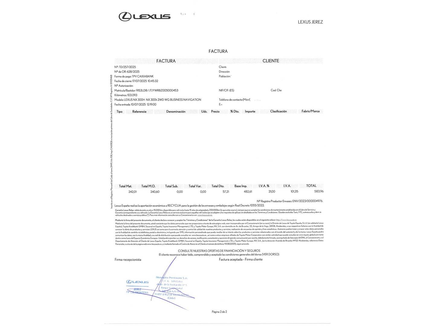 Foto del mantenimiento del Lexus NX Lexus NX 300h Business Navigation 2WD (197 CV)