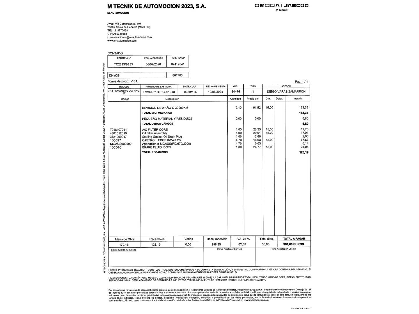 Foto del mantenimiento del JAECOO 7 JAECOO 7 1.6 TGDI Exclusive AWD (145 CV)