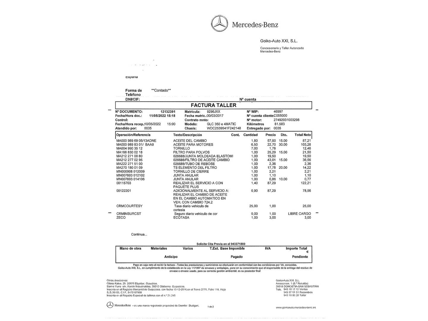 Foto del mantenimiento del Mercedes Clase GLC Mercedes GLC GLC 350 e 4Matic (320 CV)
